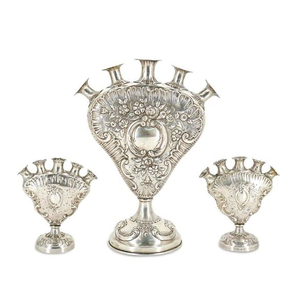 Rare Antique Set of 3 Ornate Rose Vases - Hanau Silver German Rococo 1800s - Picture 1 of 12